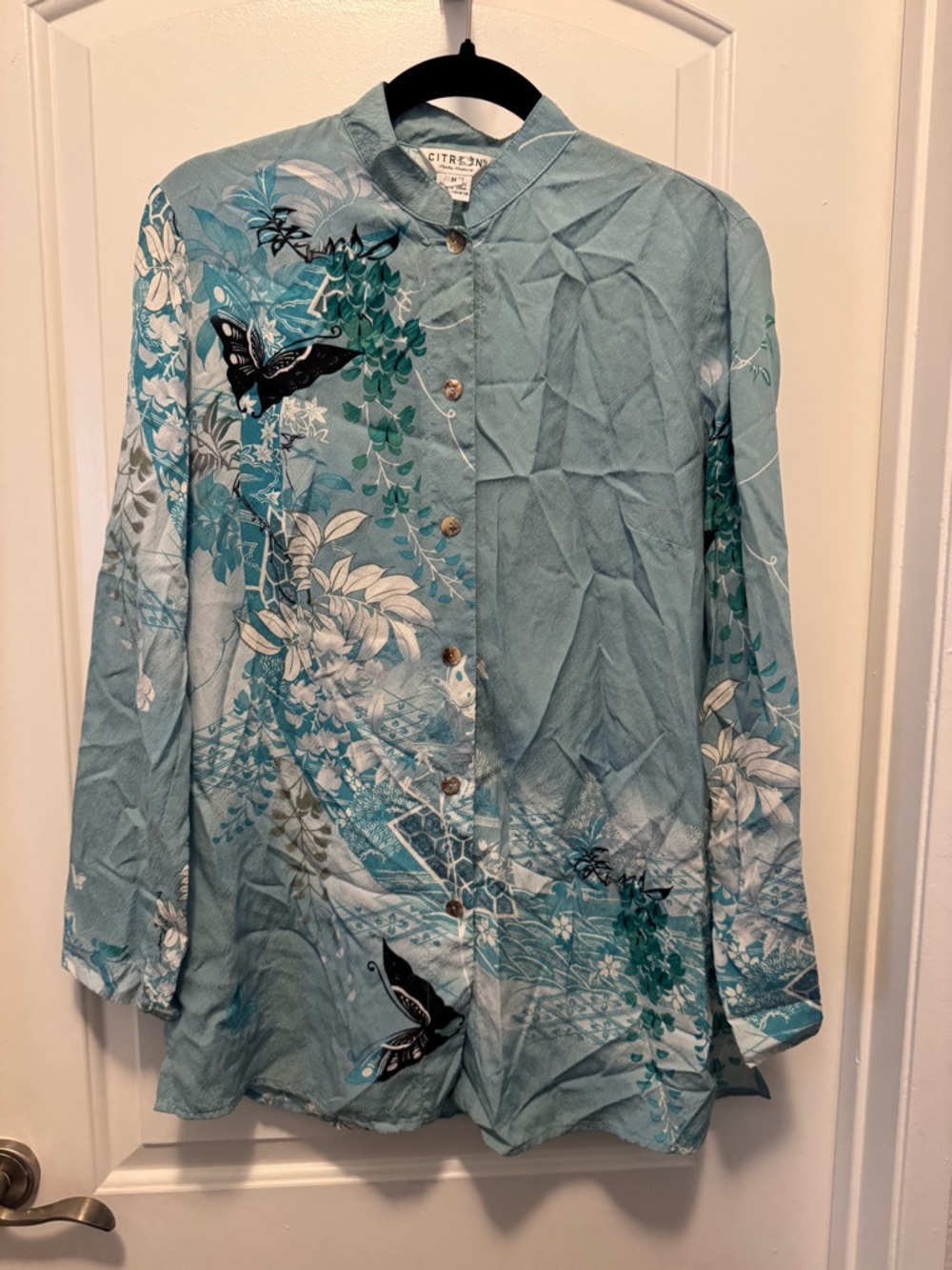Citron Silk Butterfly Button Up Shirt